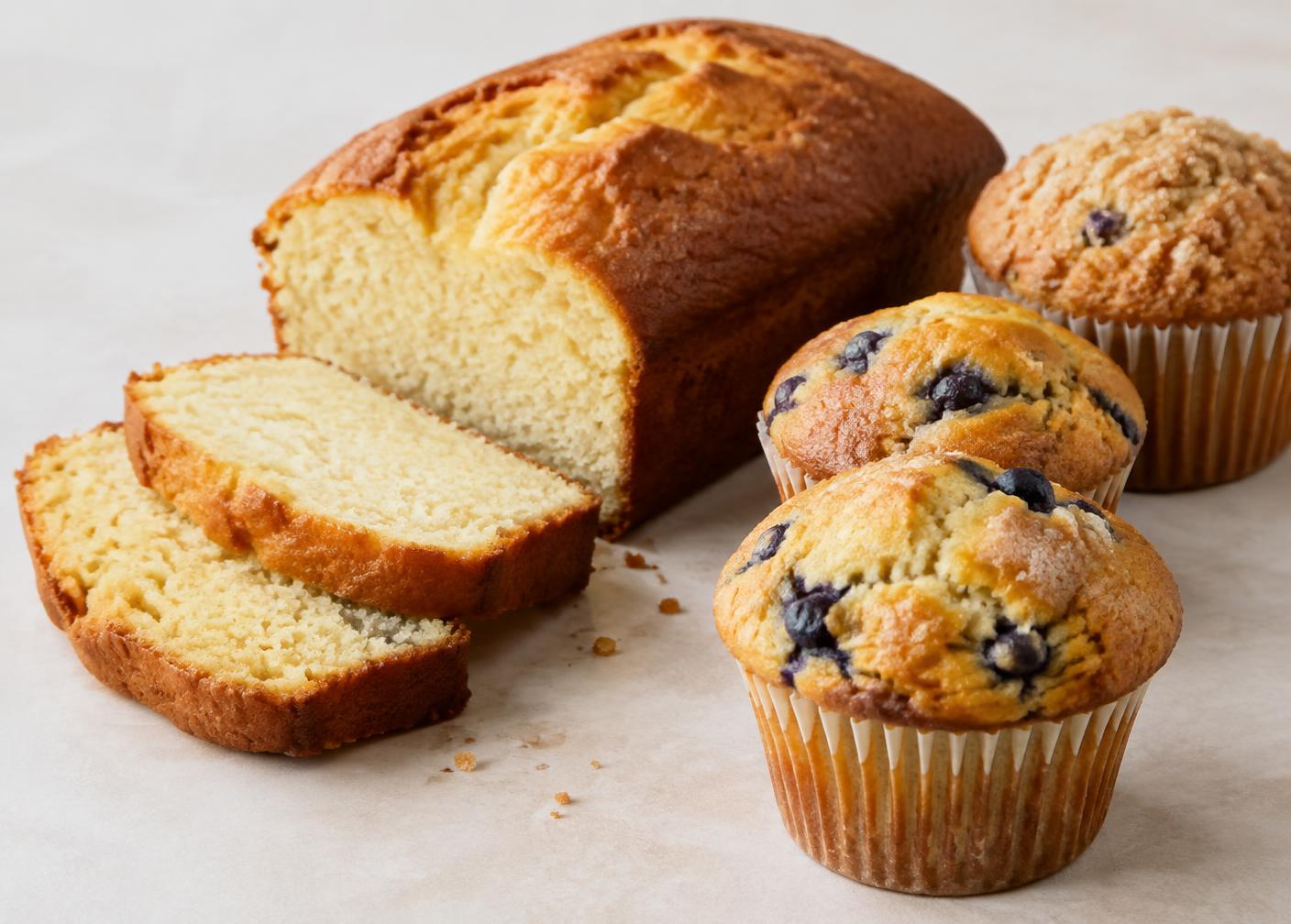 Budín en rodajas y muffins con miga húmeda